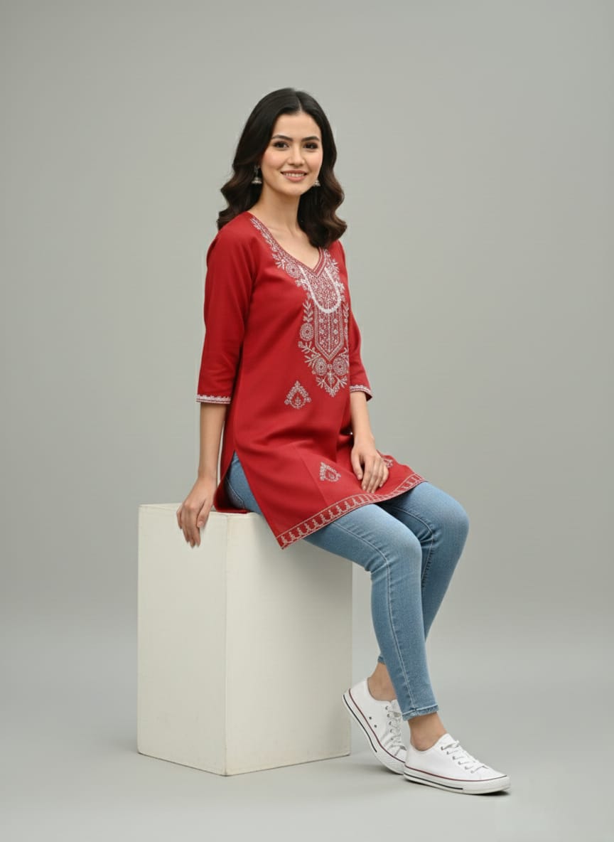 Cyenora Women’s Red Embroidered Kurti - Cyenora