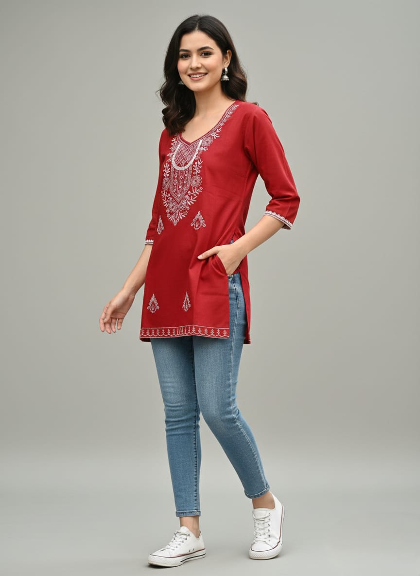 Cyenora Women’s Red Embroidered Kurti - Cyenora