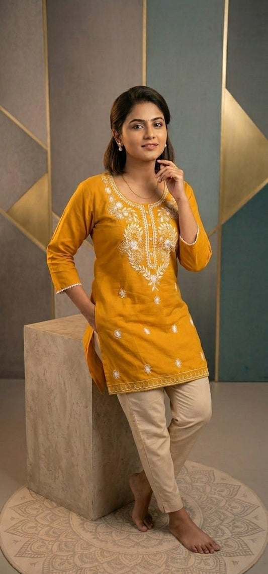 Mustard Yellow Embroidered Cotton Kurta Set - Cyenora