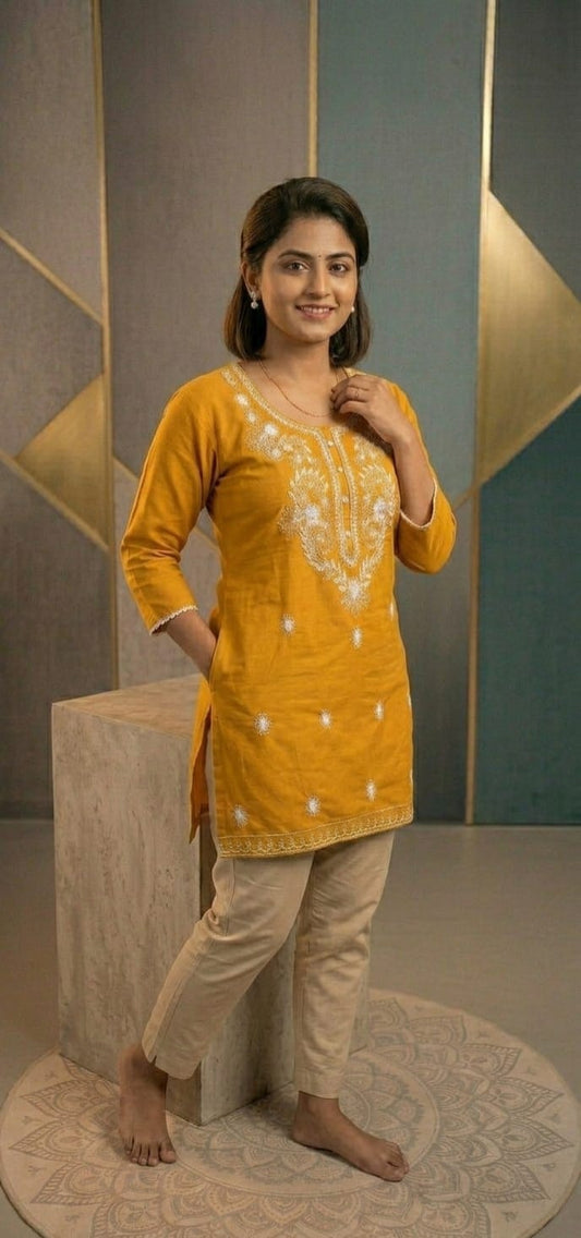 Mustard Yellow Embroidered Cotton Kurta Set - Cyenora