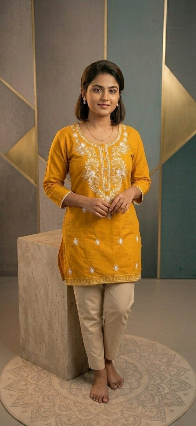 Mustard Yellow Embroidered Cotton Kurta Set - Cyenora