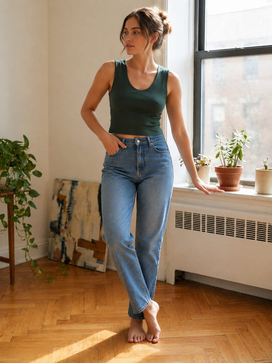 Women's Forest Green Sleeveless Ribbed Tank Top | Cyenora