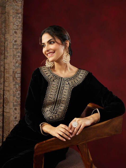 Cyenora Women's Teal Blue Velvet Embellished Straight Co-ord Set