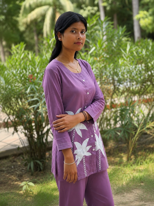 Women's Lavender Purple Cotton Co-Ord Set | Casual Lounge Wear | Cyenora - Cyenora