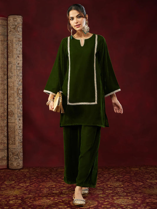 Cyenora Women's Teal Blue Velvet Embellished Straight Co-ord Set