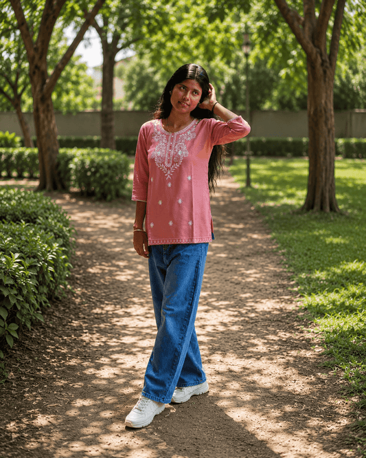 Women Soft Peach Pink Embroidered Cotton Kurti – Daily Casual Wear | Cyenora - Cyenora