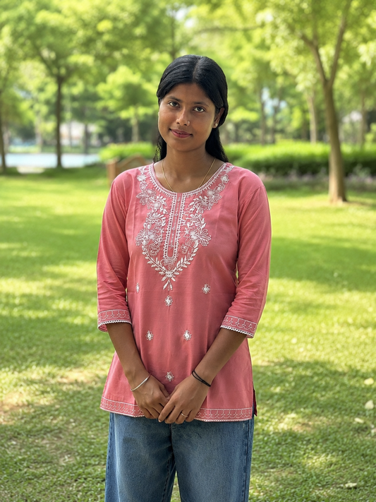 Women Soft Peach Pink Embroidered Cotton Kurti – Daily Casual Wear | Cyenora