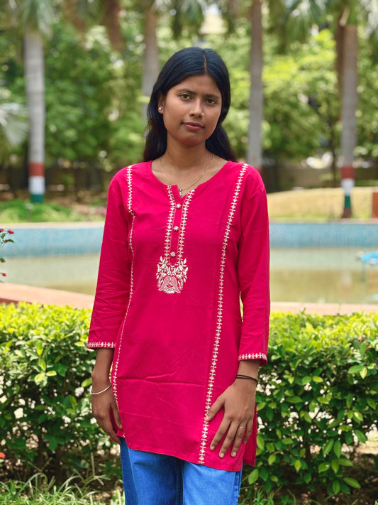 Women's Dark Pink Embroidered Cotton Kurti – Office Wear | Cyenora