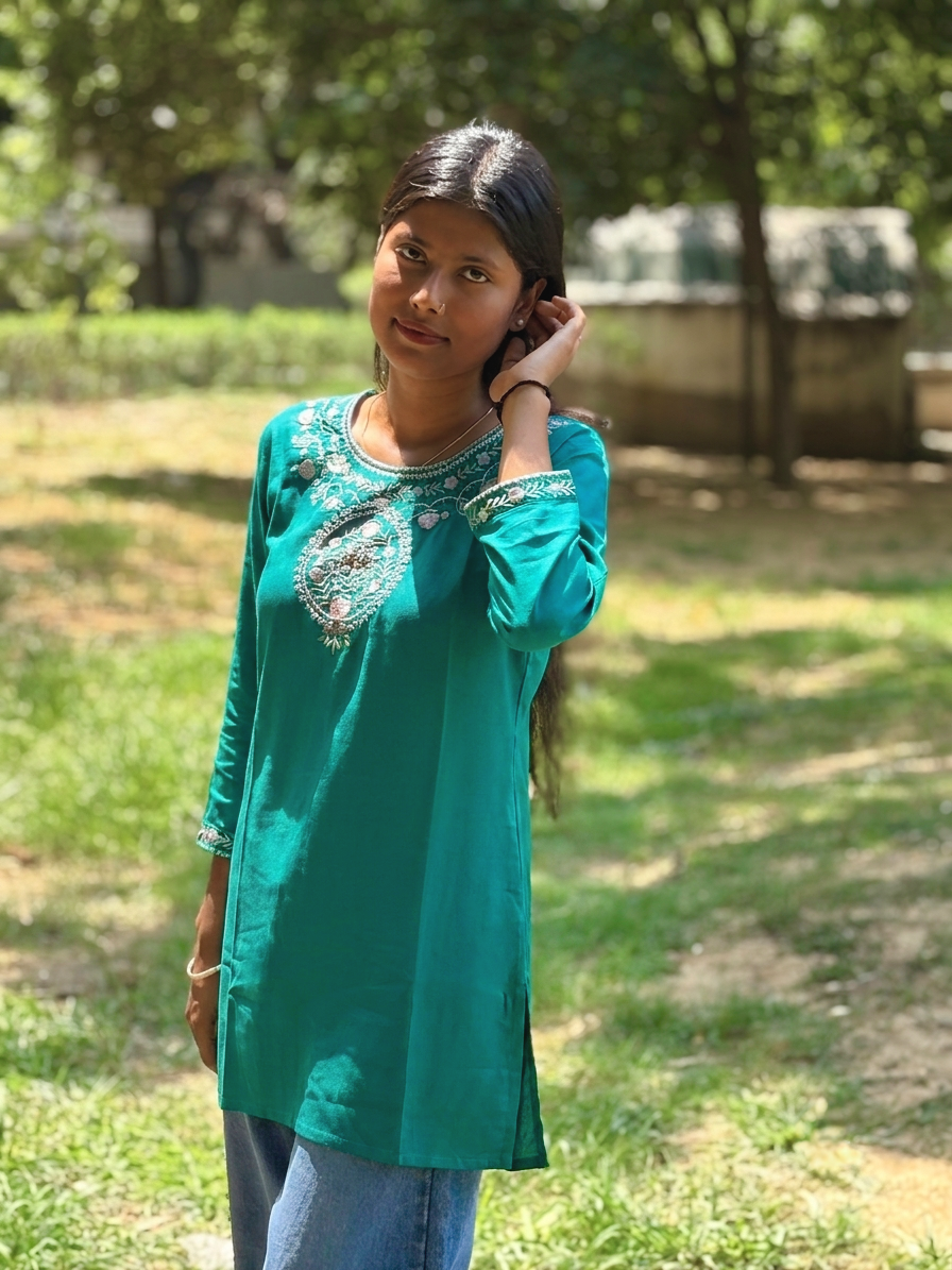 Women's Green Embroidered Cotton Kurti – Office Wear | Cyenora - Cyenora