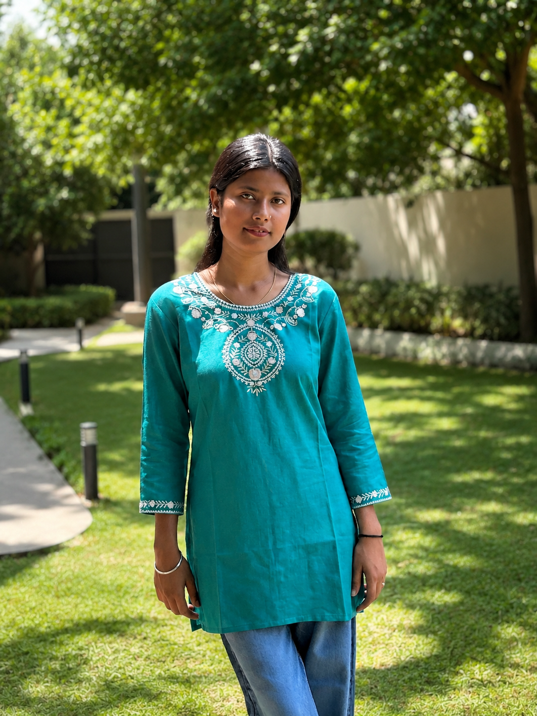 Women's Green Embroidered Cotton Kurti – Office Wear | Cyenora - Cyenora