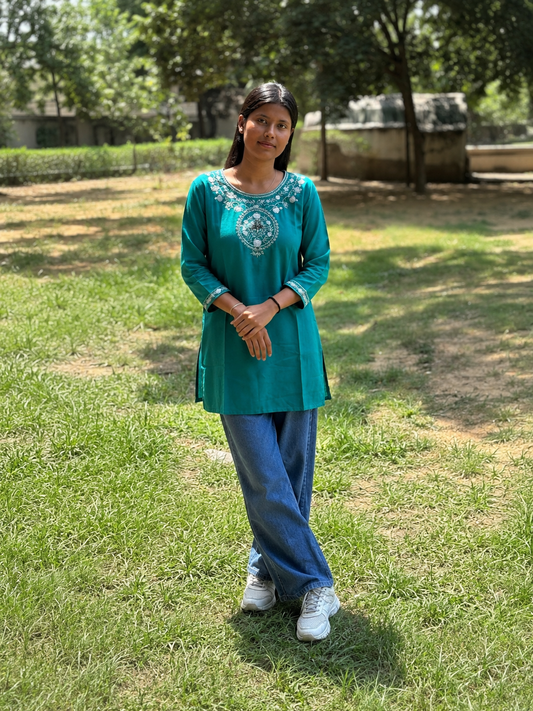 Women's Green Embroidered Cotton Kurti – Office Wear | Cyenora - Cyenora
