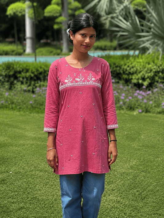 Women's Dusty Pink Embroidered Cotton Kurti | Casual Wear | Cyenora - Cyenora