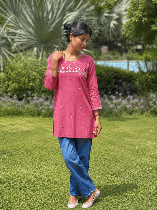 Women's Dusty Pink Embroidered Cotton Kurti | Casual Wear | Cyenora - Cyenora